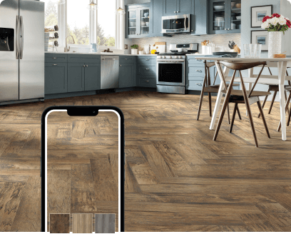 mobile phone showing floor visualizer and room scene.